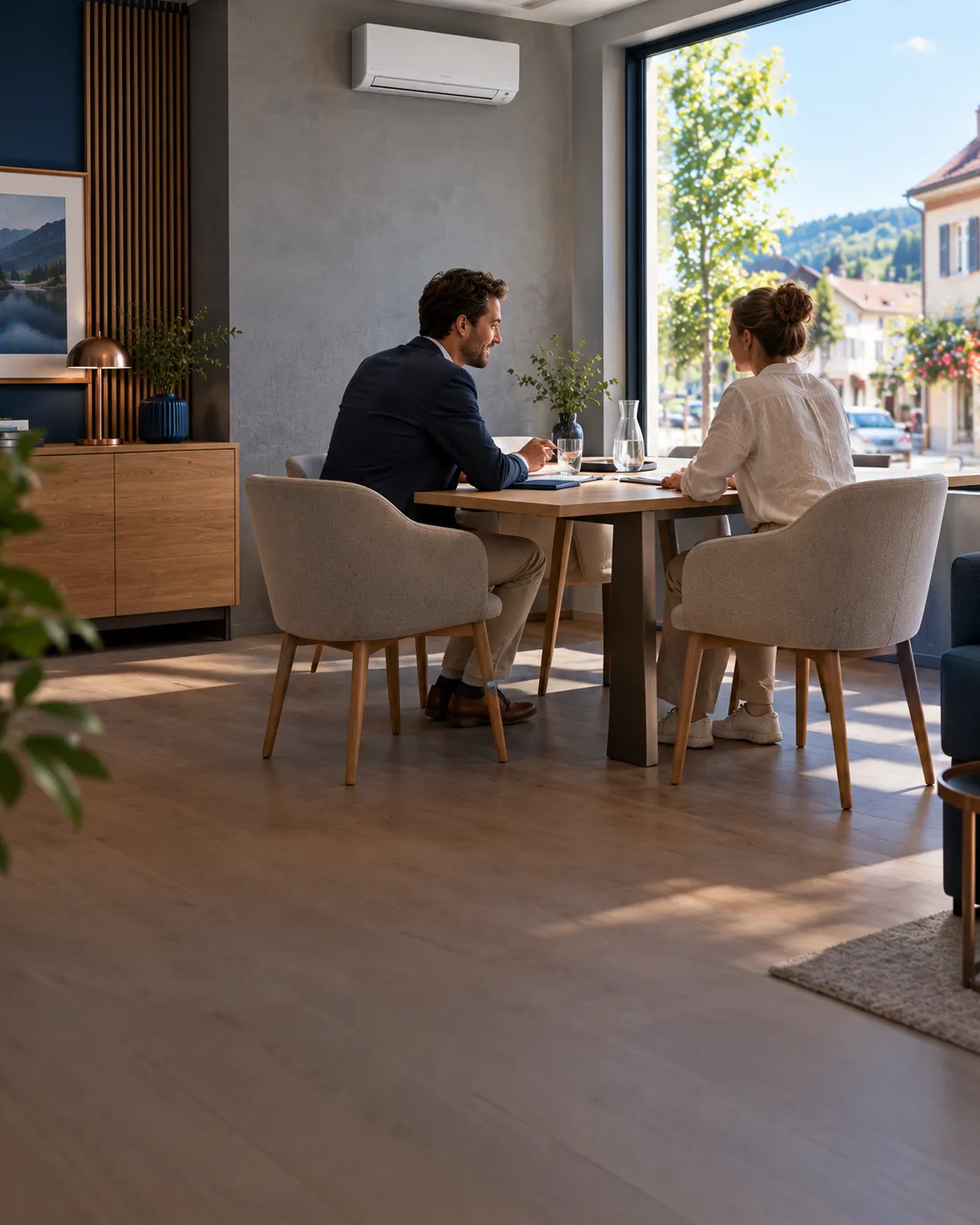 Espace professionnel climatisé : rendez-vous à une table près d’une grande vitrine ensoleillée