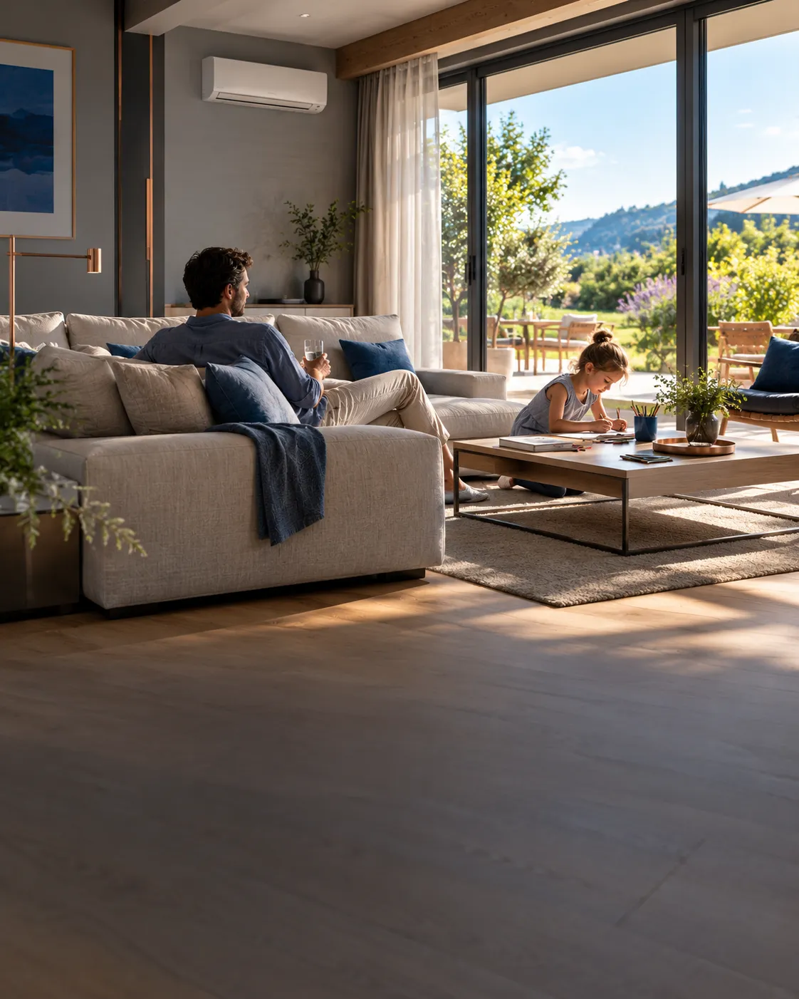 Séjour lumineux ouvert sur le jardin par de grandes baies vitrées, climatisation murale au-dessus du canapé