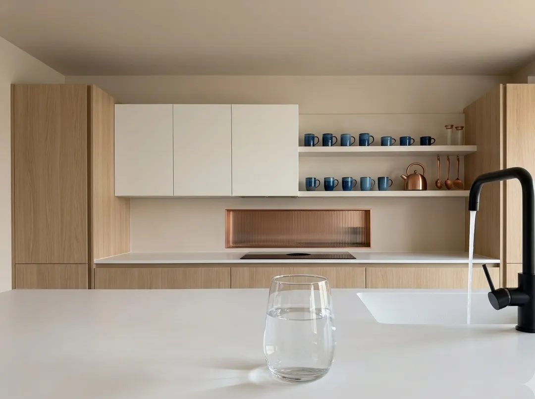 Cuisine contemporaine vue large, plan de travail et évier