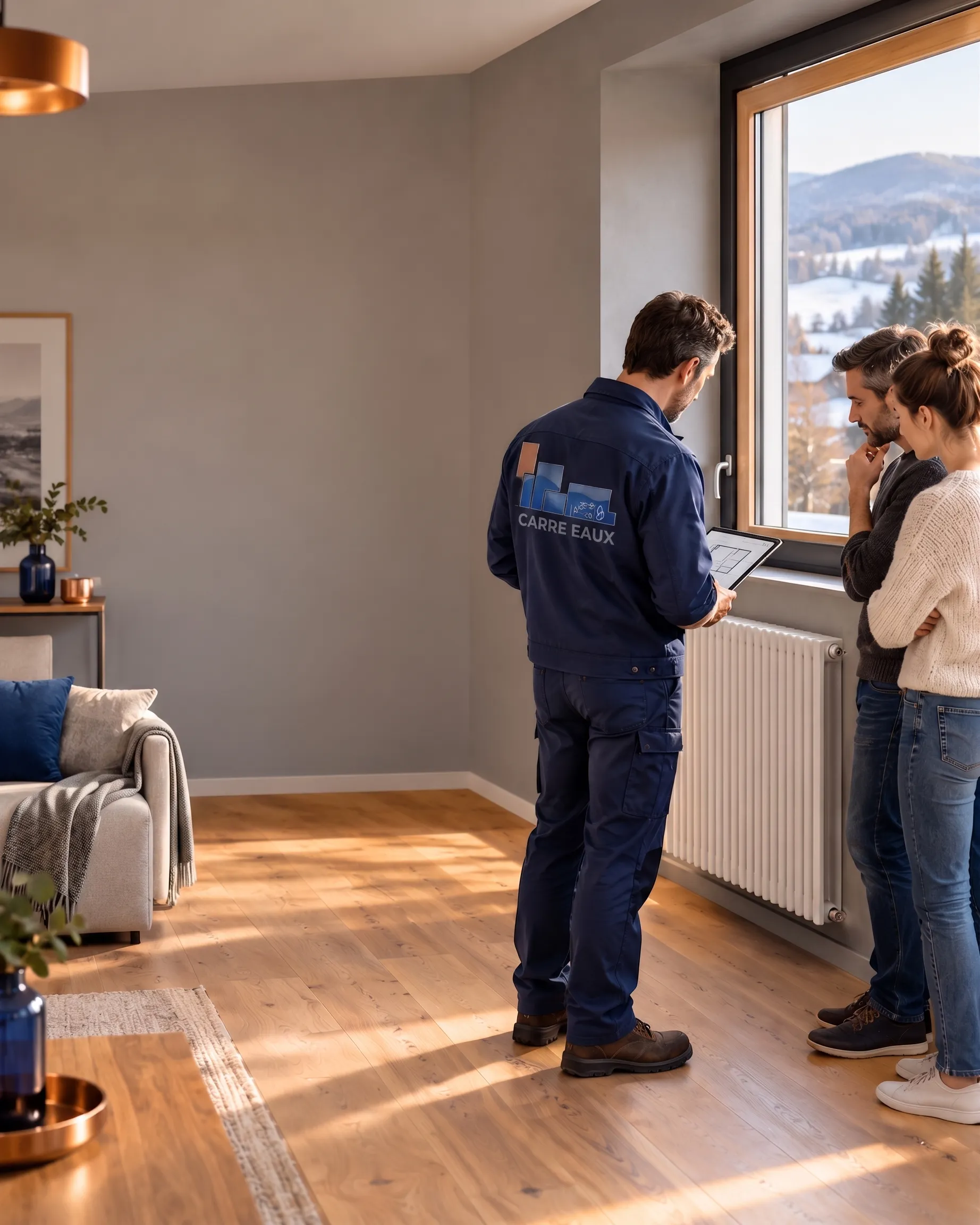 Technicien Carré Eaux en visite chez un couple, tablette en main, devant le radiateur du salon