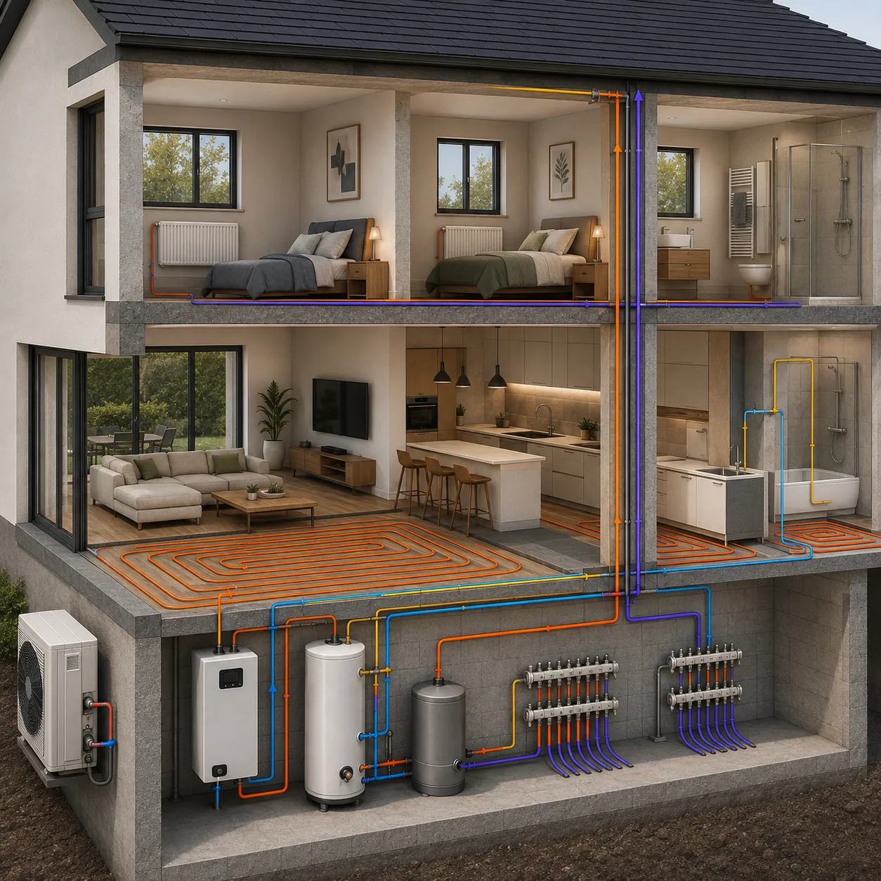 Maison en coupe : pompe à chaleur air/eau extérieure, module hydraulique et ballons au sous-sol, plancher chauffant au séjour, radiateurs à eau dans les chambres, circuits de départ et retour chauffage et eau chaude sanitaire.