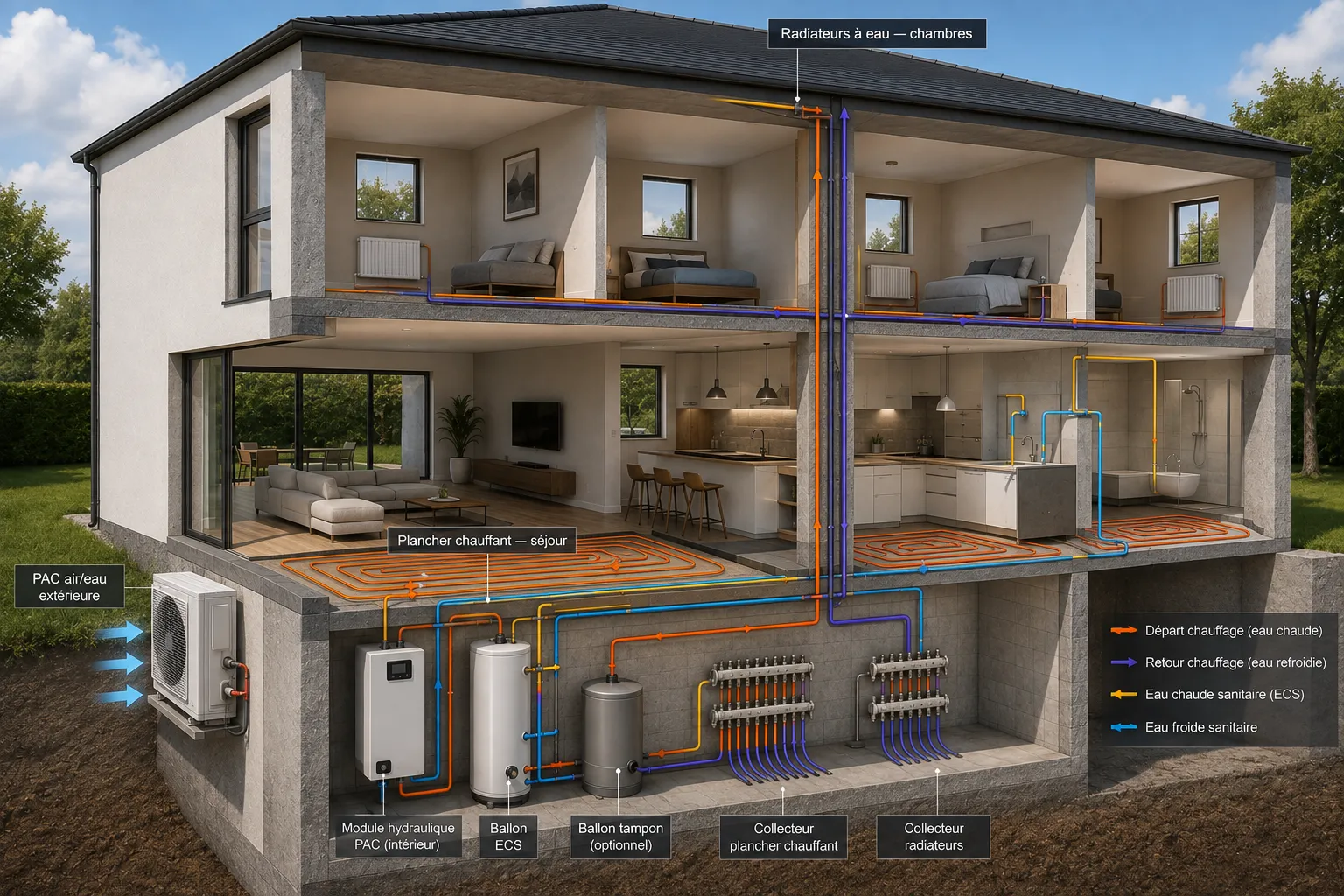 Maison en coupe : pompe à chaleur air/eau extérieure, module hydraulique et ballons au sous-sol, plancher chauffant au séjour, radiateurs à eau dans les chambres, circuits de départ et retour chauffage et eau chaude sanitaire.