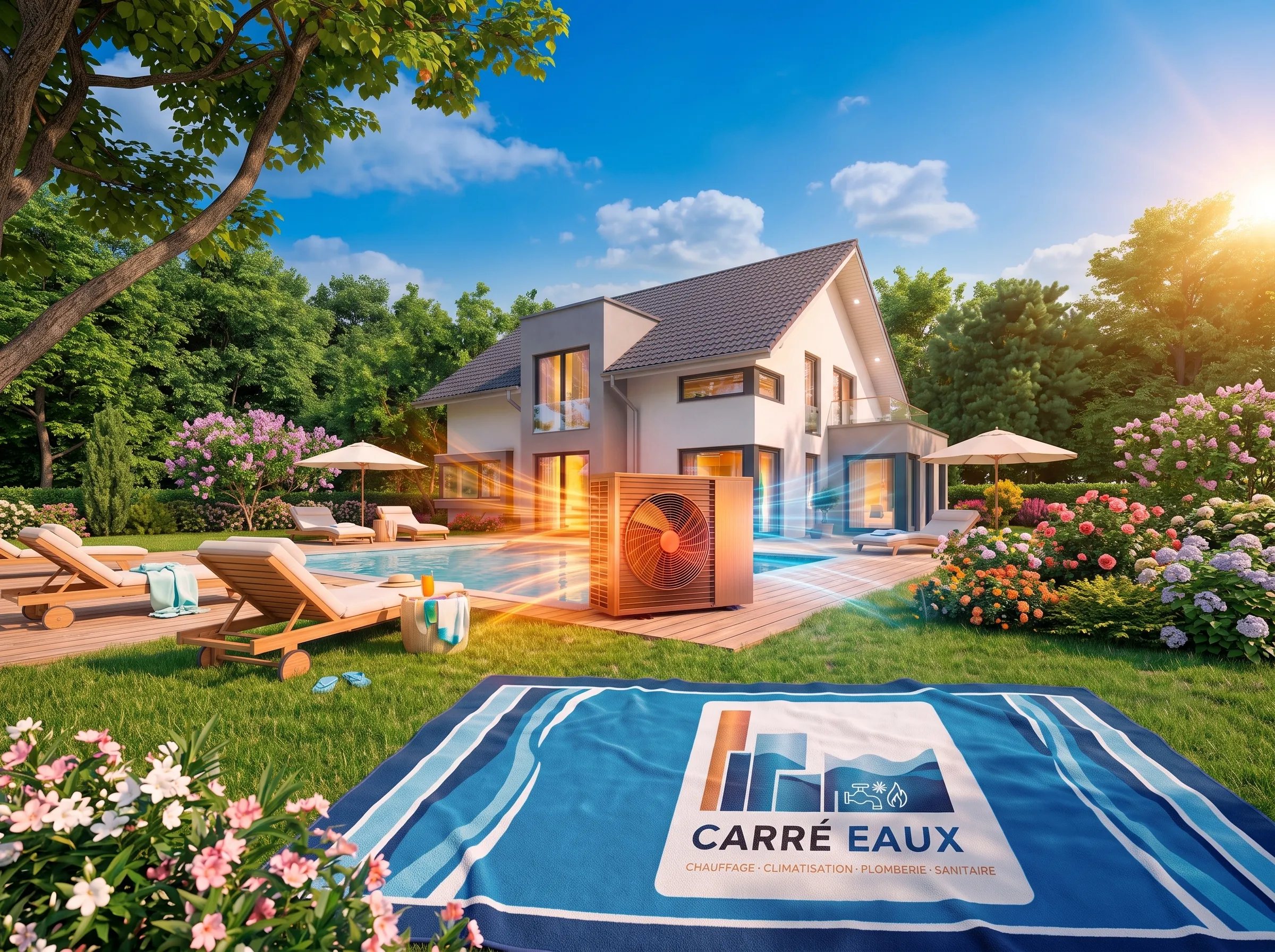 Maison avec pompe à chaleur Carré Eaux en façade : la chaleur se diffuse depuis la baie vitrée, de l'hiver enneigé à l'été