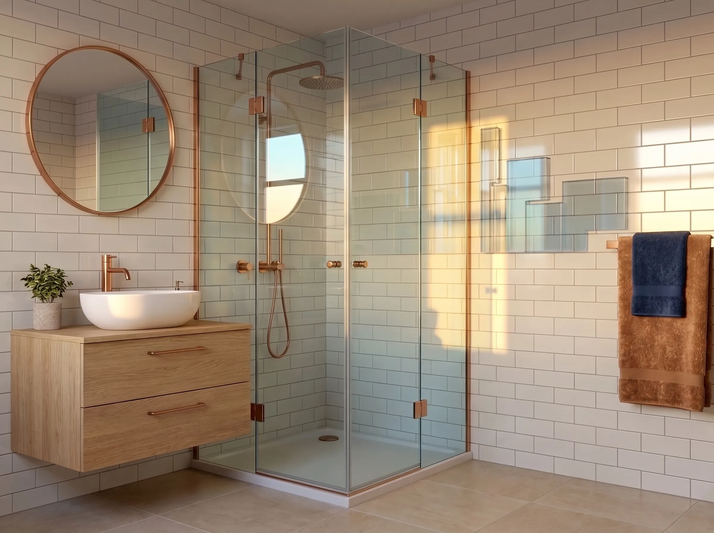 Douche à l'italienne et vasque haut de gamme, finitions cuivre, réalisées par Carré Eaux
