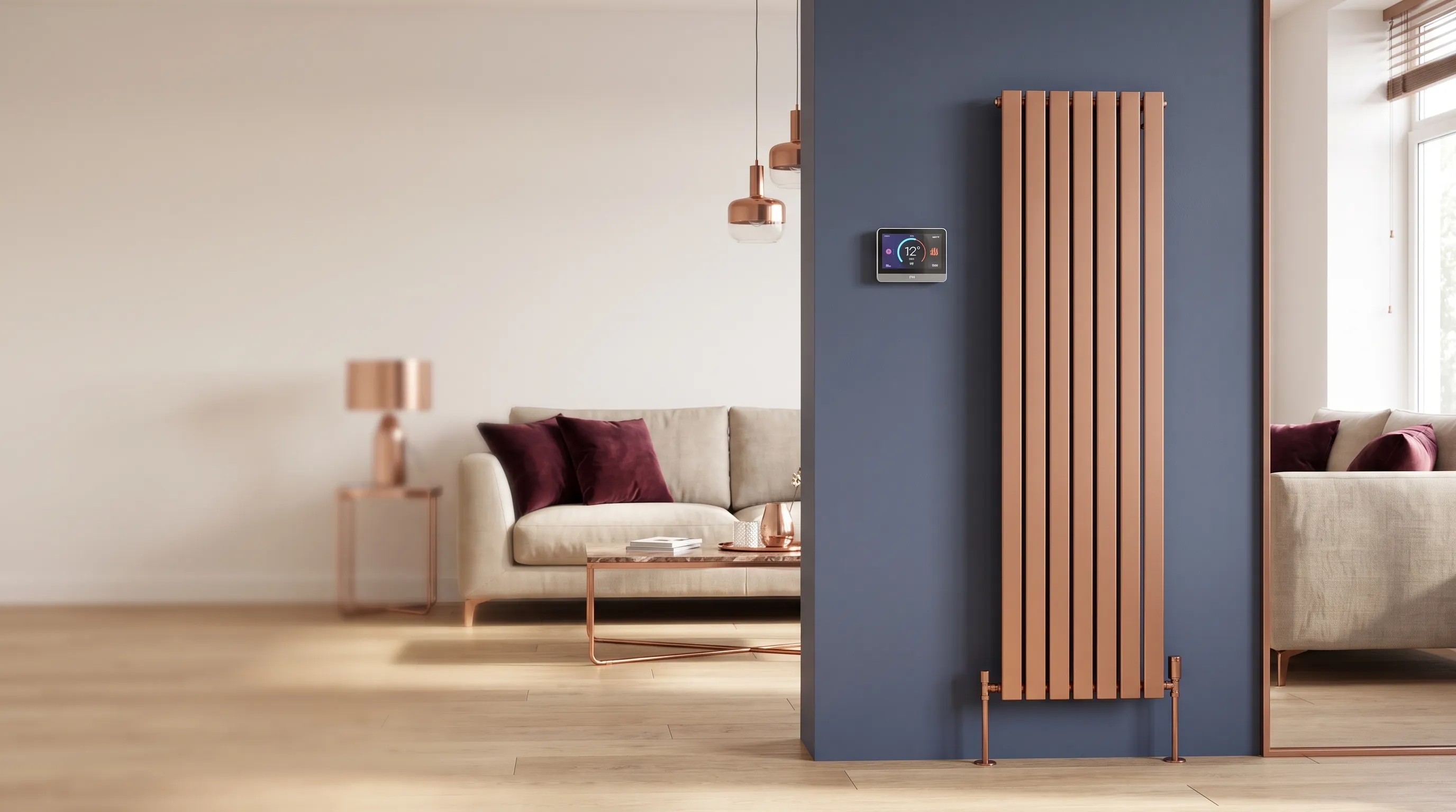 Salon chaleureux, radiateur cuivre sur un mur bleu marine, lumière d'hiver