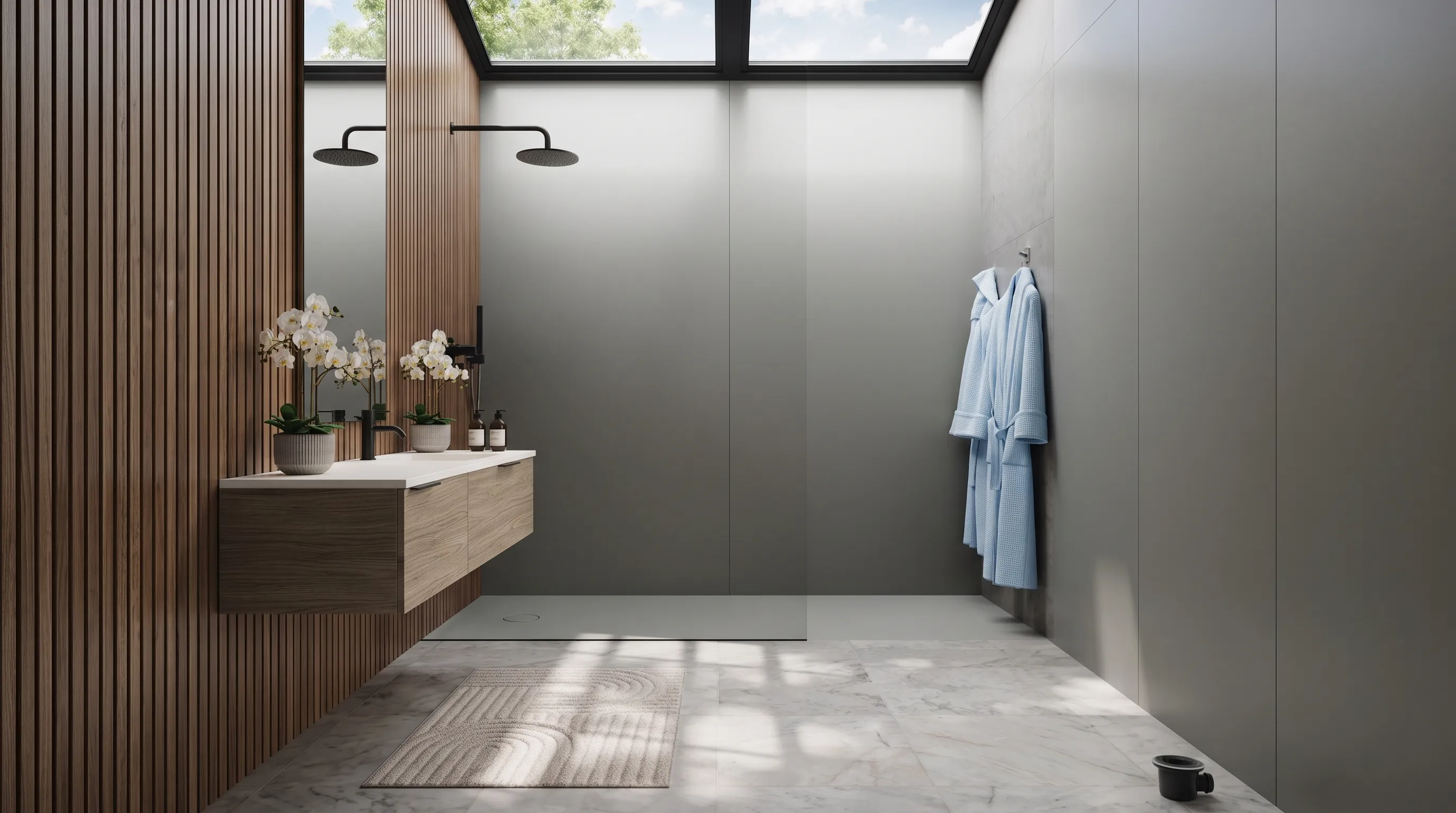 Douche à l'italienne habillée de bois