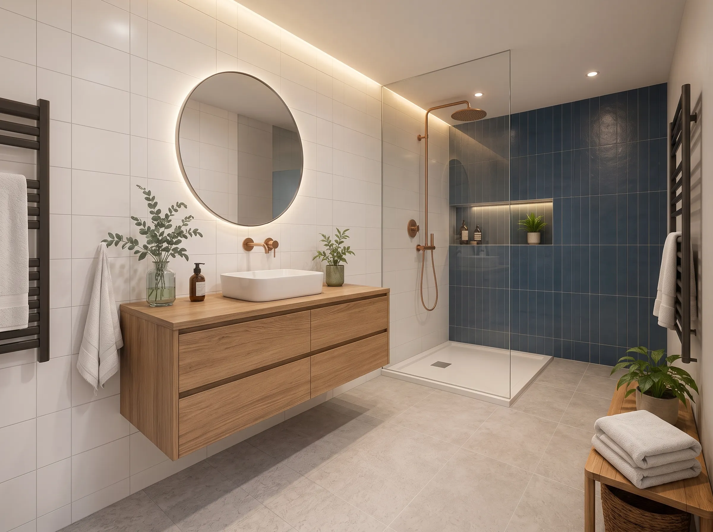 Salle de bain réalisée : douche à l'italienne en verre trempé, mur bleu marine, vasque céramique sur meuble chêne, sèche-serviettes — le rendu final se révèle sur le croquis d'étude